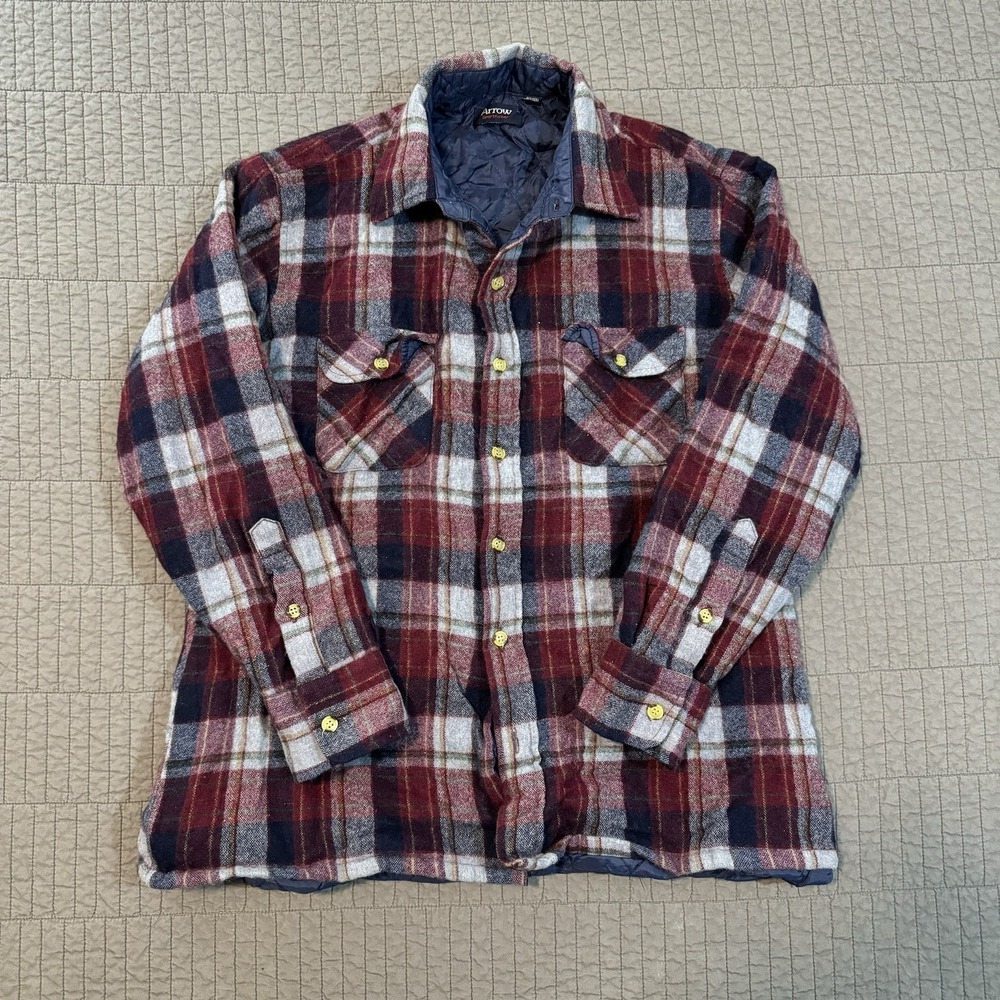 Vtg Arrow Shacket Men‎ Large Red Blue Plaid Wool Flannel Lined Button Up Shirt